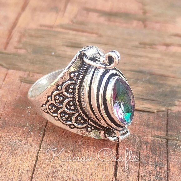 Mystic Topaz Secret Stash Poison Box Ring - Unisex 6 Silver Plated Jewelry - Picture 8 of 9